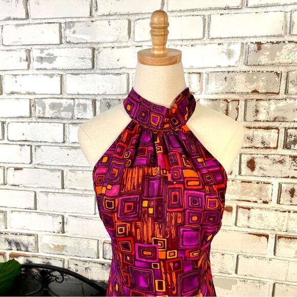Vintage 90s Bright Pink Orange Geometric Print Mock Neck Halter Mini Dress Small - Picture 3 of 7